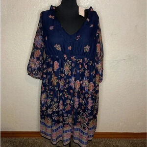 NWT Capsule brand blue floral ruffle collar empire waist dress for women‎ large
